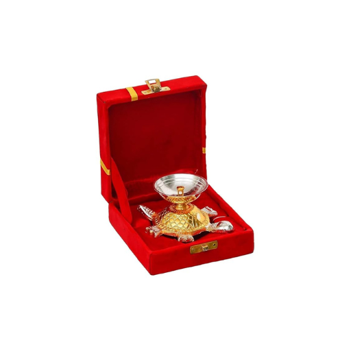 Decorative Gold-Silver Tortoise Diya with Red Velvet Gift Box